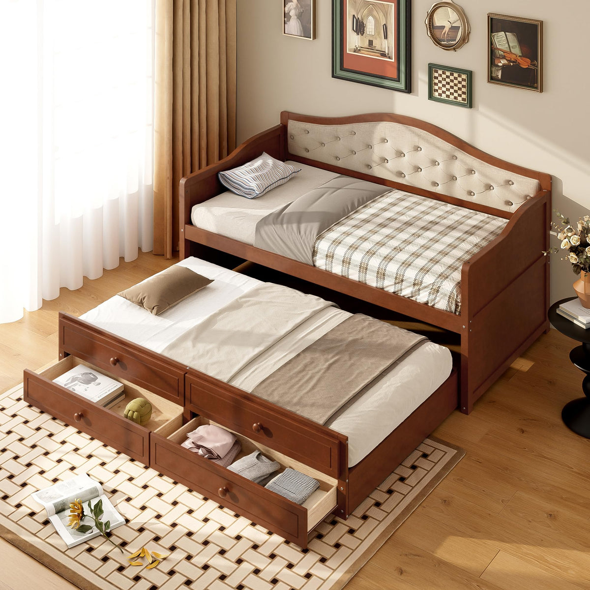 Twin Size Wooden Daybed with Trundle & Storage Drawers U953