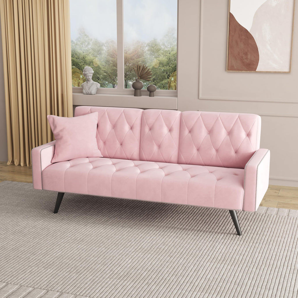 Pink Velvet Convertible Sofa Bed with Cup Holders A735