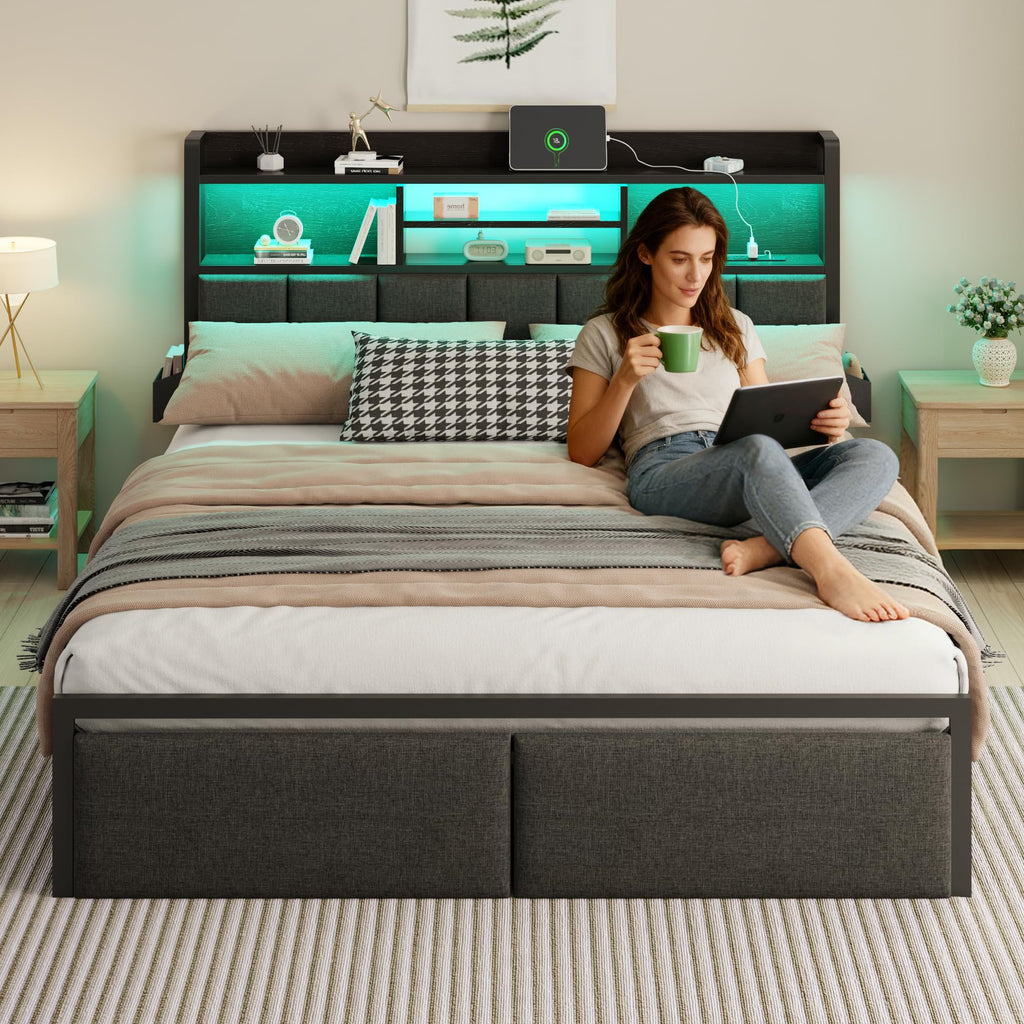 Full Size Bed Frame with Headboard and Drawers Y50373