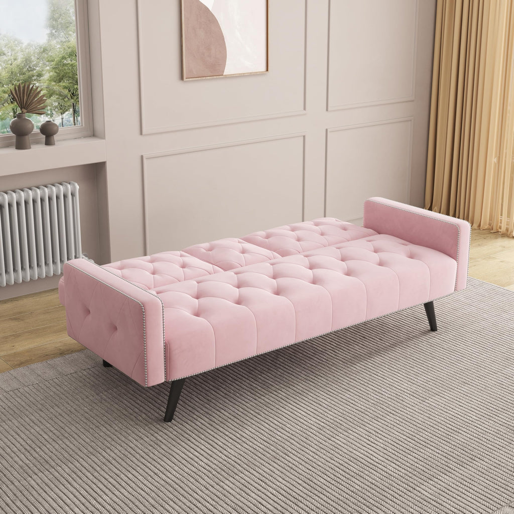 Pink Velvet Convertible Sofa Bed with Cup Holders A735