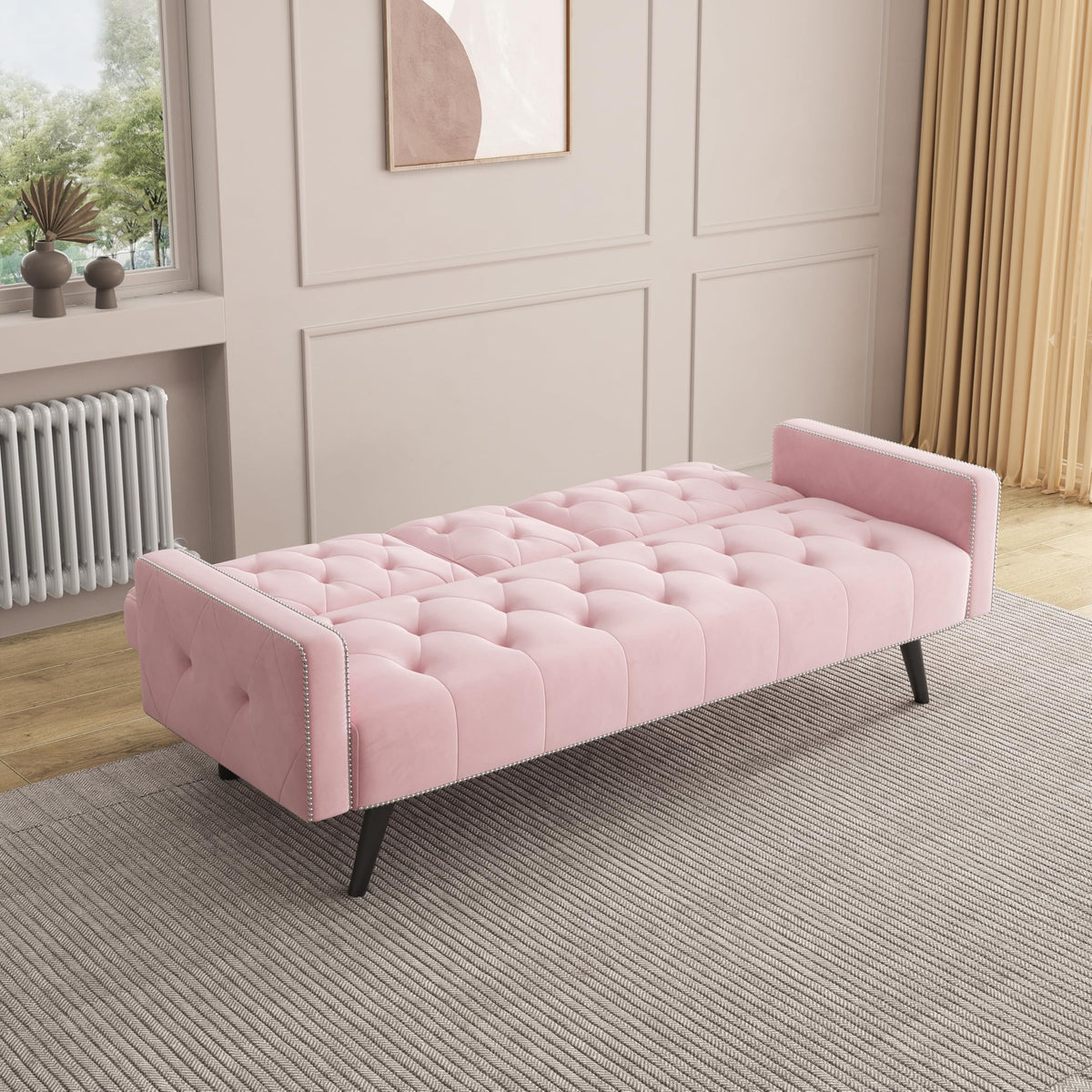 Pink Velvet Convertible Sofa Bed with Cup Holders A735