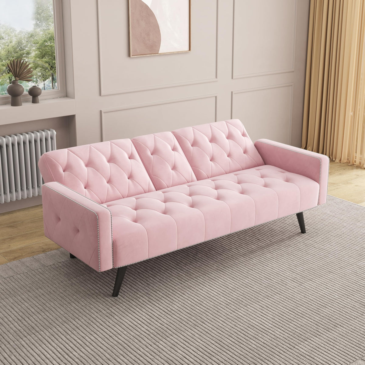 Pink Velvet Convertible Sofa Bed with Cup Holders A735