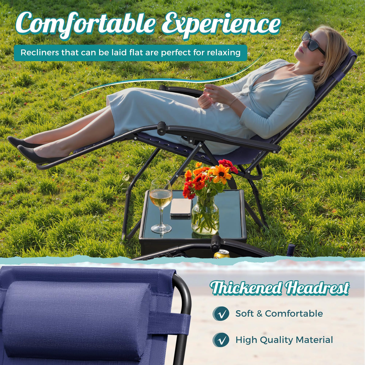 Zero Gravity Chair with Cup Holder Pillows Set of 2 Blue J3344
