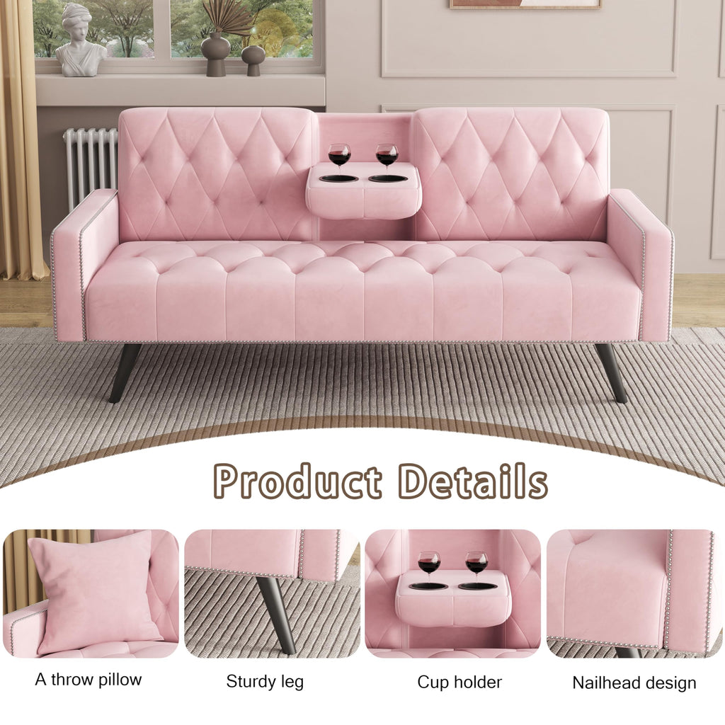 Pink Velvet Convertible Sofa Bed with Cup Holders A735