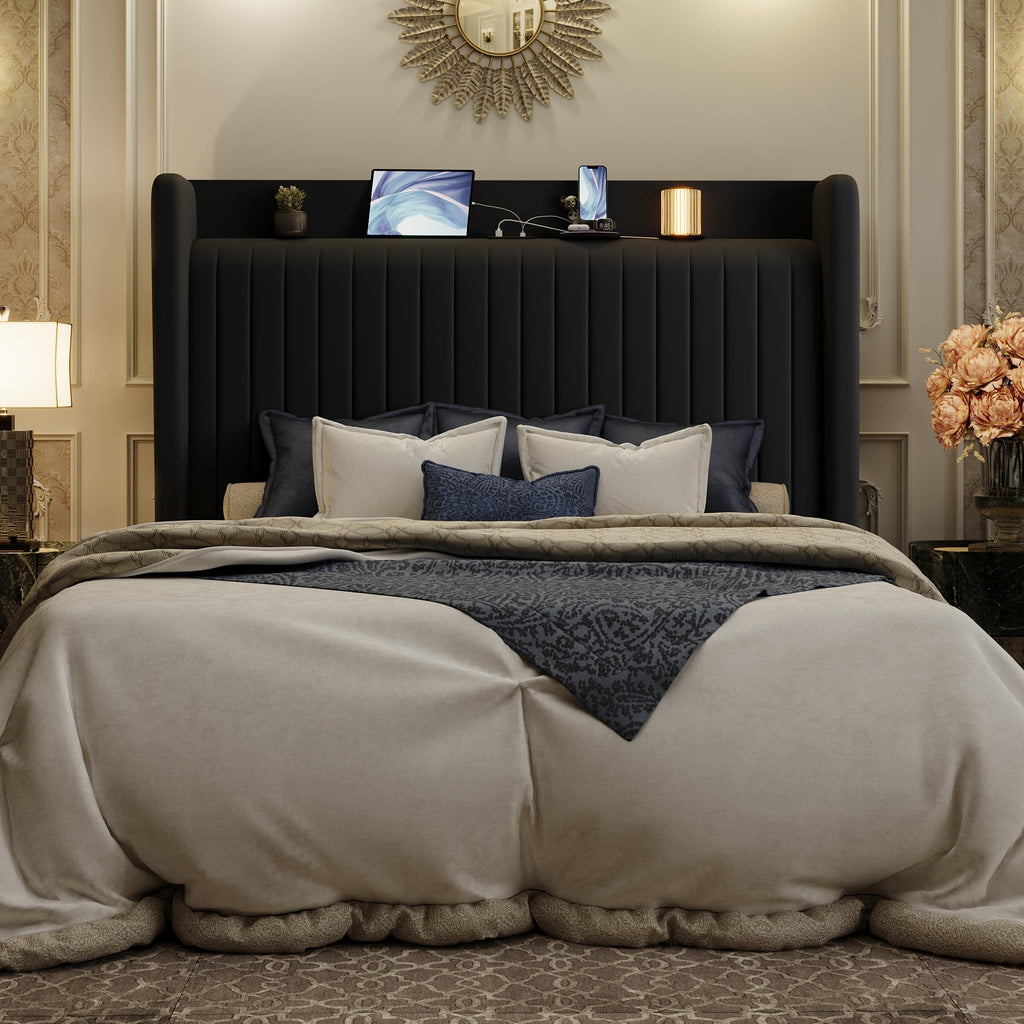 Queen Size Black Velvet Bed Frame with Shelf Z619