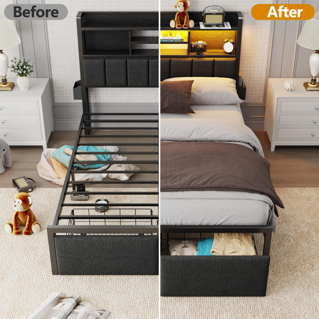 Full Size Bed Frame with Headboard and Drawers Y50373