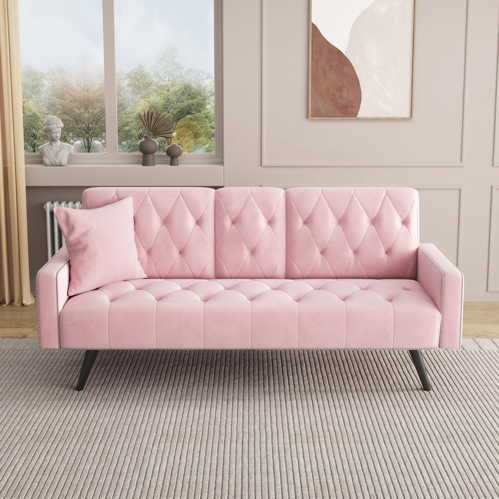 Pink Velvet Convertible Sofa Bed with Cup Holders A735