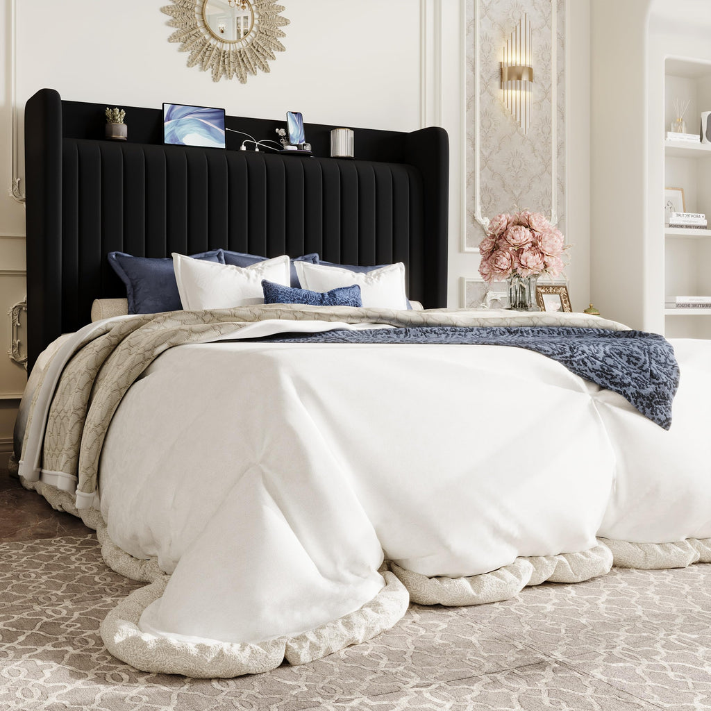 Queen Size Black Velvet Bed Frame with Shelf Z619