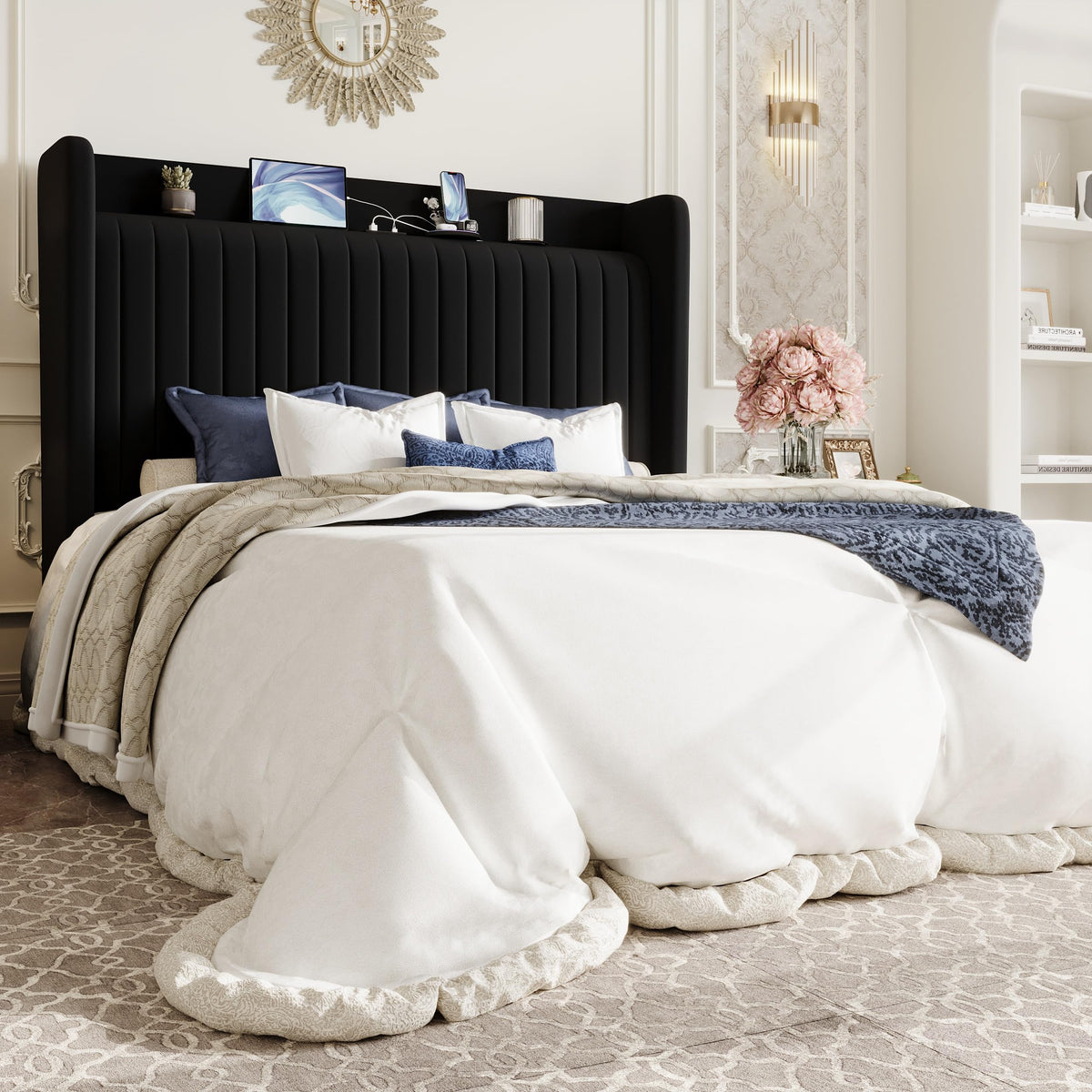 Queen Size Black Velvet Bed Frame with Shelf Z619