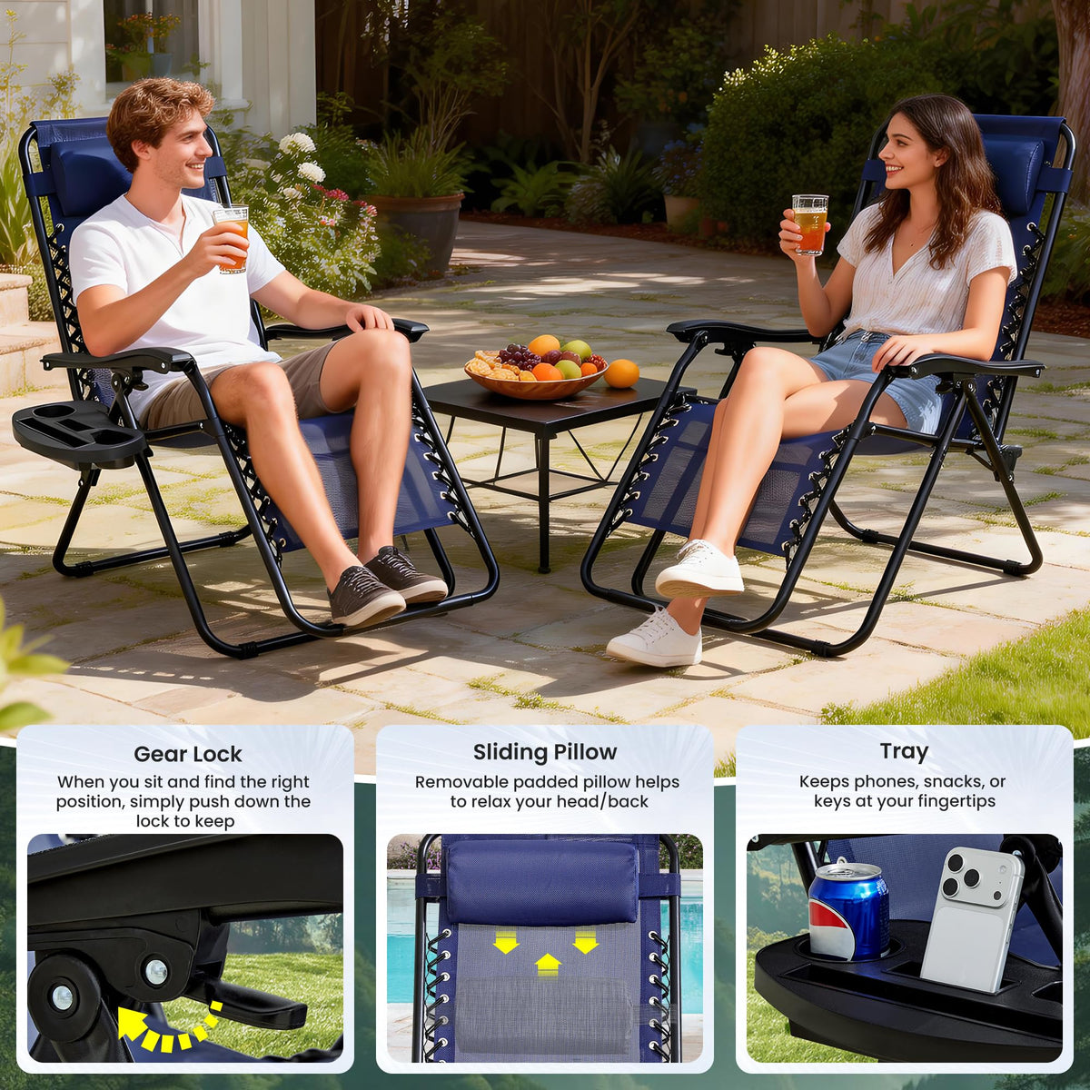 Blue 2-Pack Zero Gravity Lounge Chair with Cup Tray Y62908